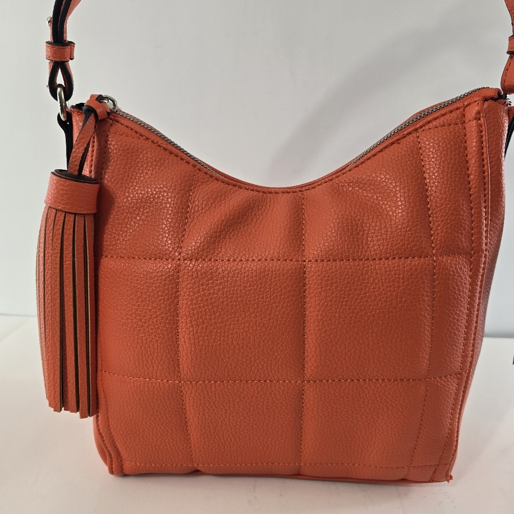 Tahari Orange Quilted Leather Hobo with Tassel